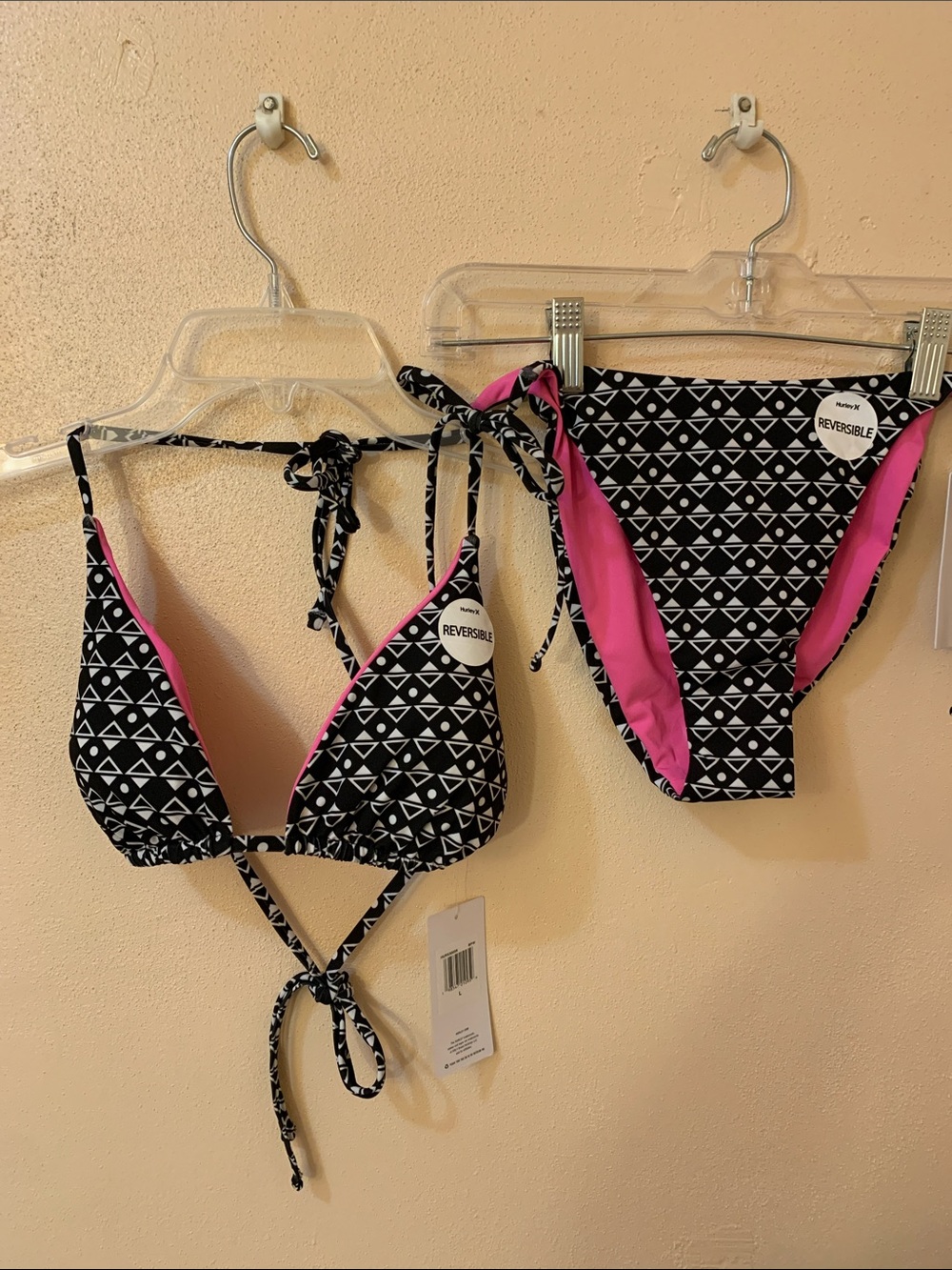 Hurley Black & White Reversible Triangle Bikini Top with Pink Lining